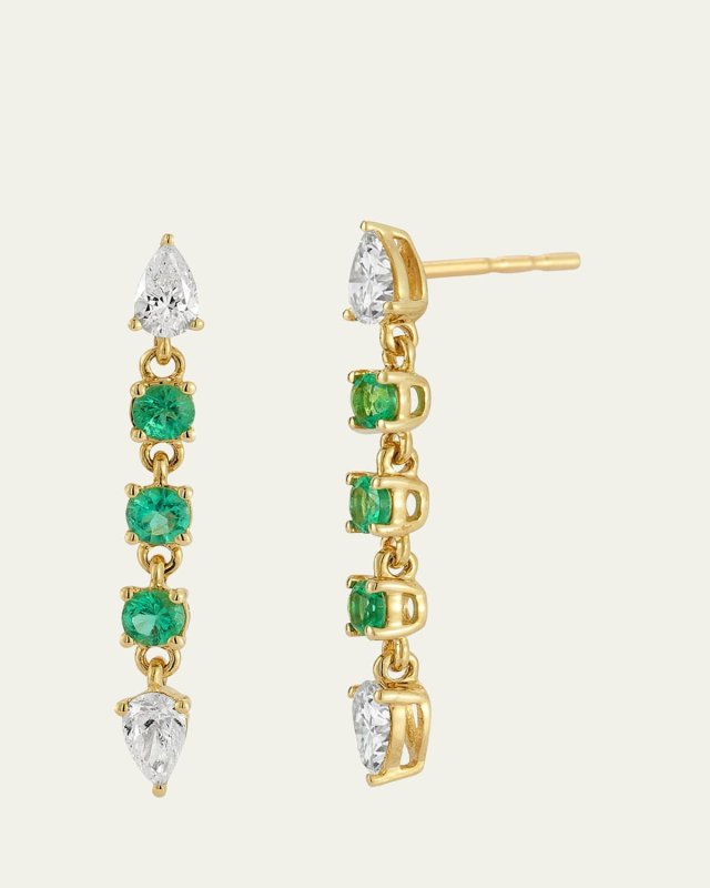 14K Yellow Gold Diamond and Emerald Drop Stud Earrings